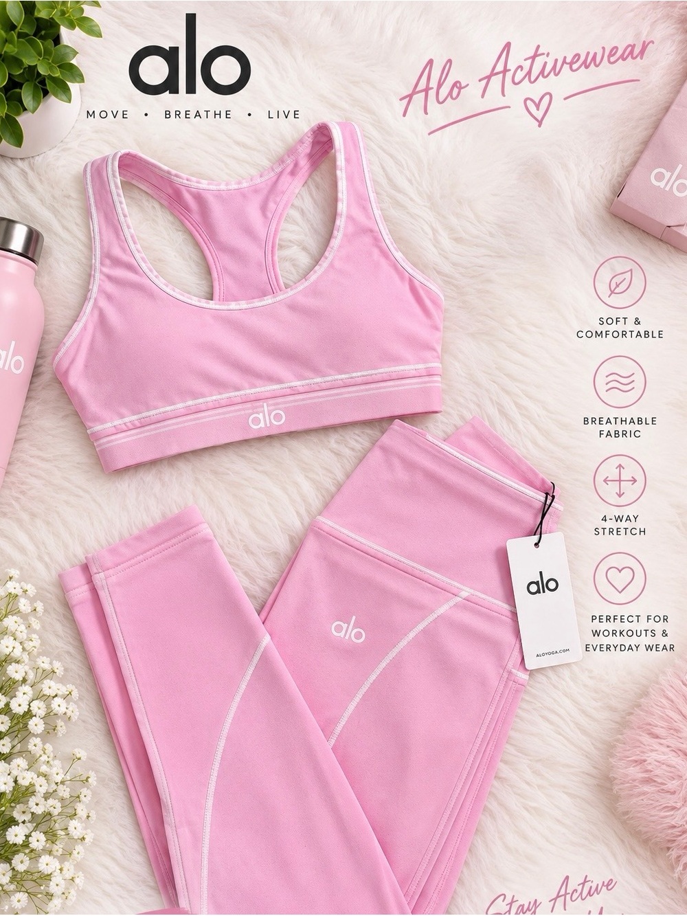 ALO Yoga Pink Racerback Sports Bra and Matching Leggings Set